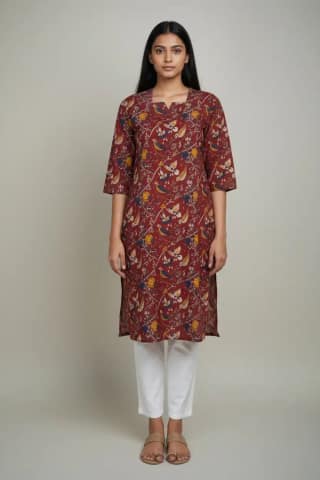 Block Print Cotton Kurti Maroon Blue Orange Floral