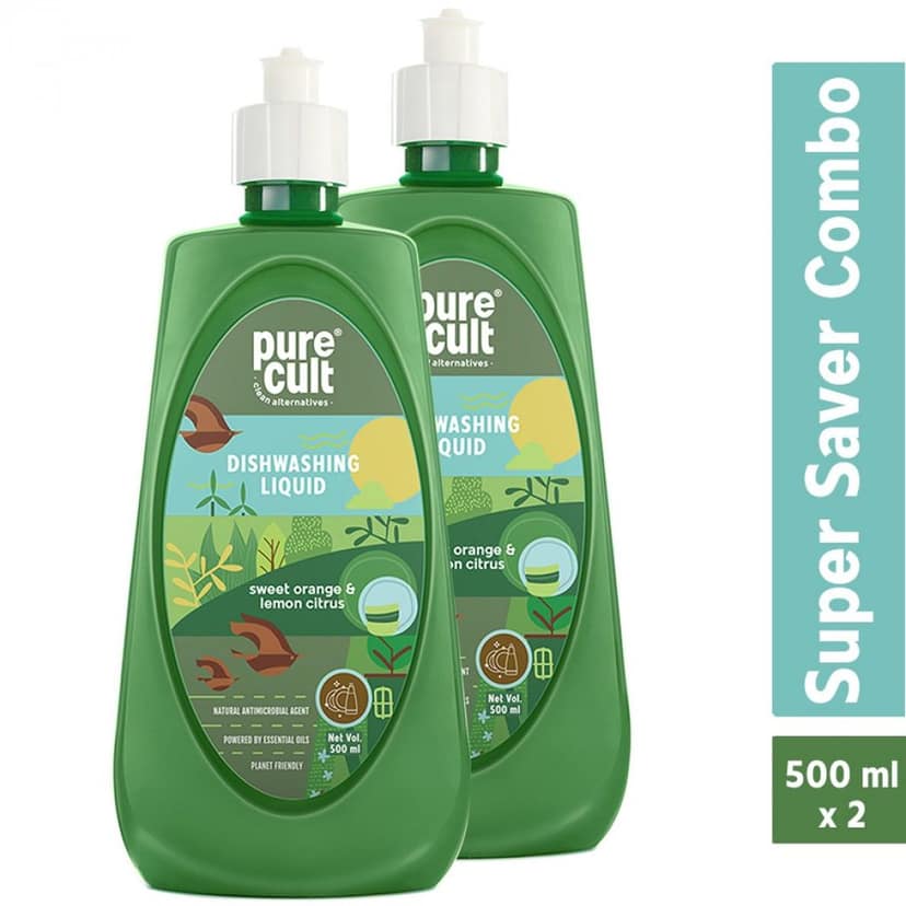 PureCult Dishwash Liquid 500 ml Combo (Pack of 2) | with Sweet Orange & Lemon Citrus
