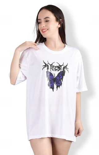 Stylish Butterfly : Quirky Printed Oversized Women's Tees In White Color