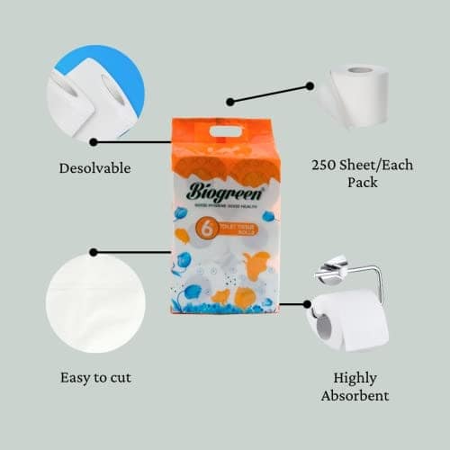 Biogreen Virgin Soft Toilet Bathroom Roll Multipurpose (6 in 1) 2 Ply 250 Sheet Per Roll | Natural, Safe, Hygienic view 2