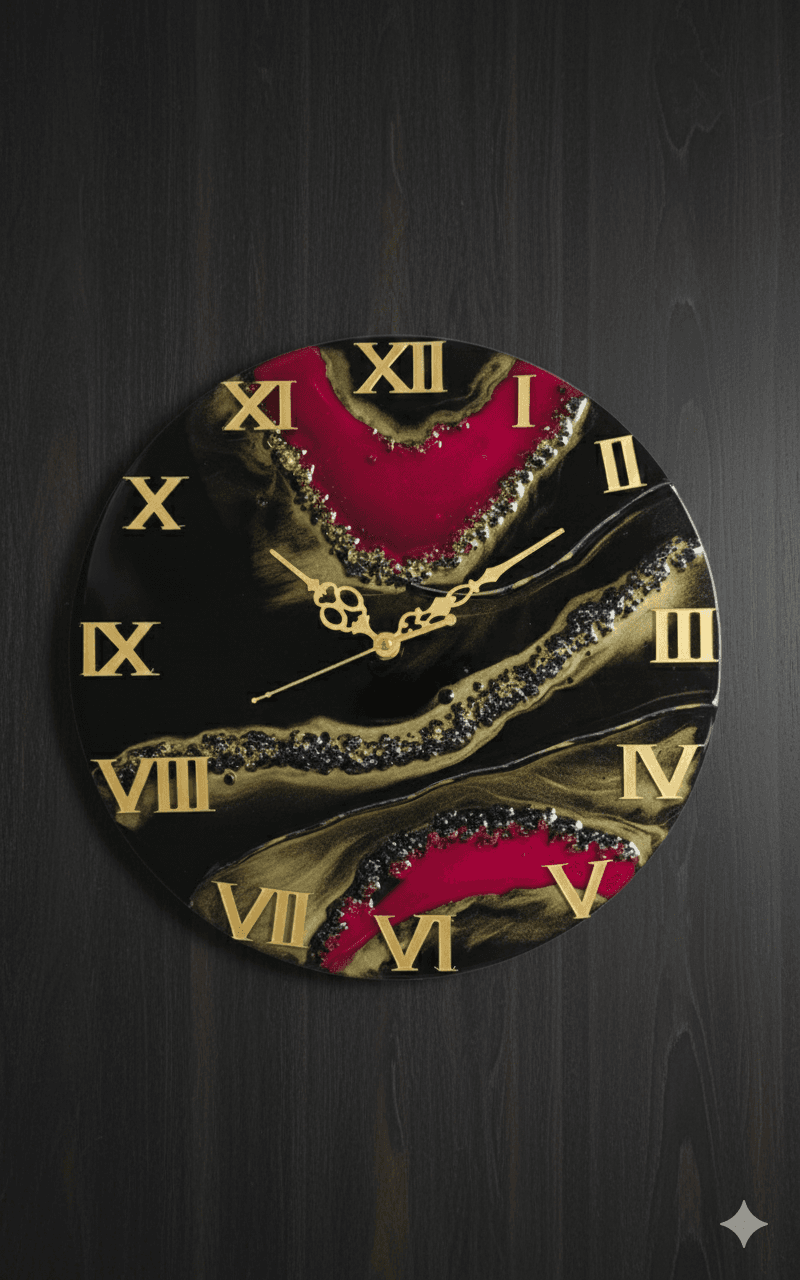 VKR Trading Handmade Luxury Resin Geode Wall Clock Red Black Ash 12 Inch with Roman Letters view 2