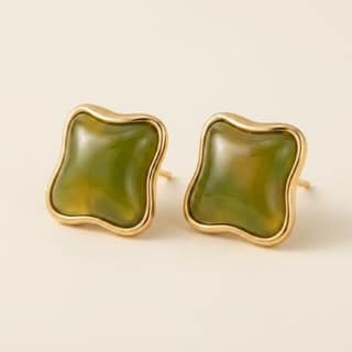 Ripple Frame Stone Studs - Olive Green | Gold-Tone Anti-Tarnish Imitation Jewellery