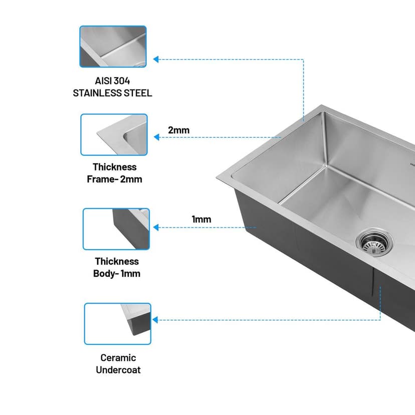 Stainless Steel Grade 304 Sink for Kitchen, Single Bowl Handmade Sink 30x18x9 inches, Matte Finish (KS-SH30189SBM) view 2