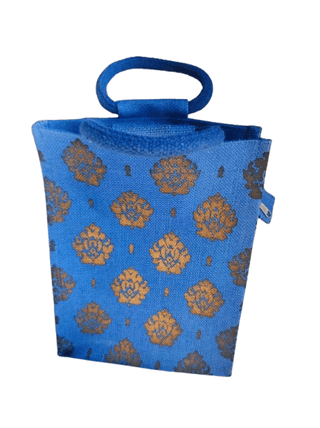 Blue Floral Jute Bag with Zipper and Handle