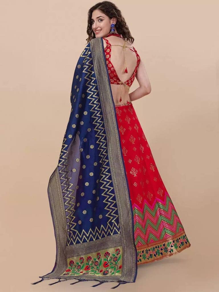 Red Brocade Fabric Lehenga & Unstitched Blouse With Dupatta view 2