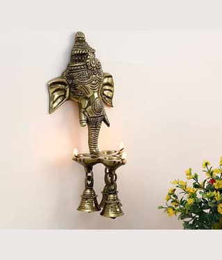 eCraftIndia Brown Ganesha Deepak With Bell Wall Hanging Idol Showpieces