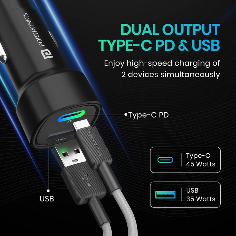Portronics 80W Dual Output Fast Car Charger view 2