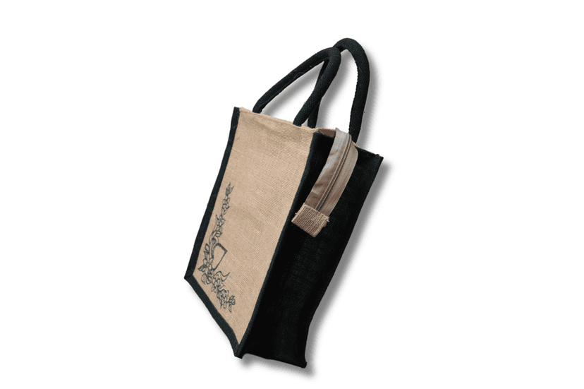 Jute Tote Bag with Black Trim and Floral Design This jute tote bag is made from 100% natural jute fibers view 2
