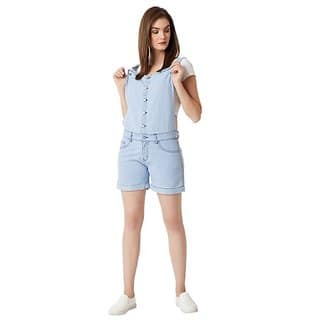 Miss Chase Women's Light Blue Regular Fit Mid Rise Mini Solid Denim Dungaree view 2