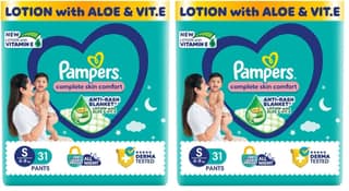 Pampers Complete Skin Comfort Pants, Anti-rash blanket, Lotion with Vitamin E & Aloe Vera, Small size baby Diapers, (S) 30 Count, 4-8 kg (Pack of 2) Pampers Complete Skin Comfort Pants, Anti-rash blanket, Lotion with Vitamin E & Aloe Vera, Small size bab