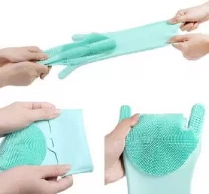 Elecsera Reusable Heat Resistance Water Proof Washing Silicon Hand Gloves with Scrubber for Kitchen Cleaning, Utensils, Bath and Pet Hair Care -1 Pair view 2