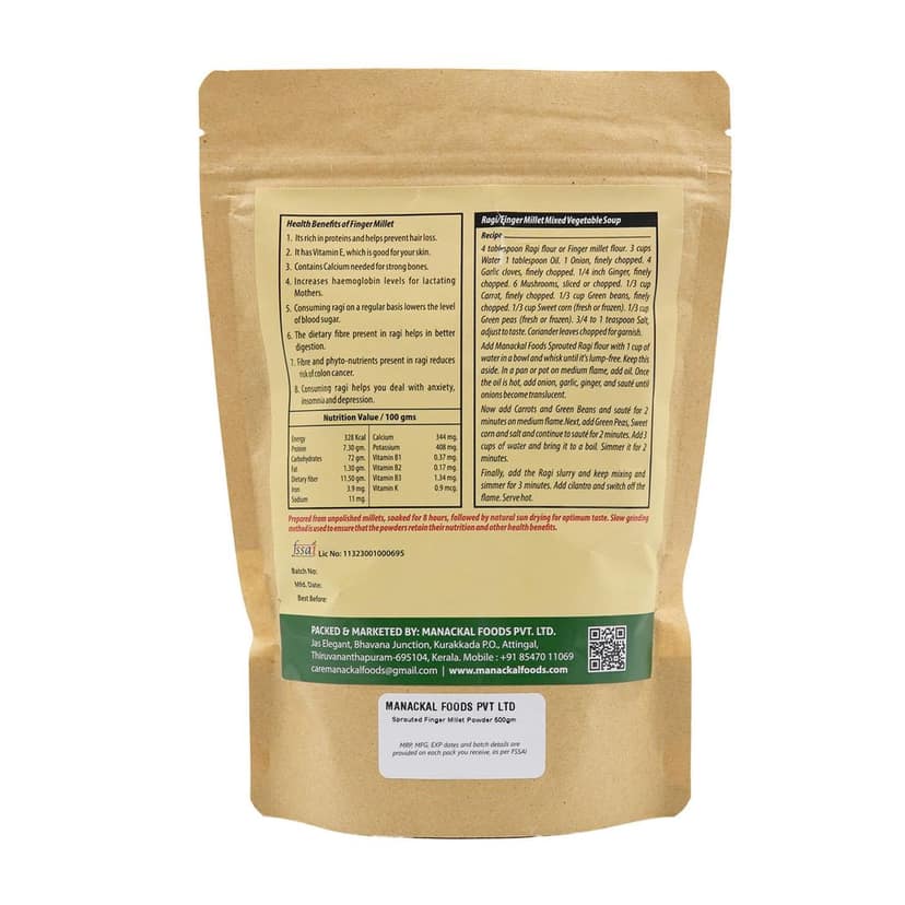 Sprouted Finger Millet Powder (Ragi Flour)500g | Natural & Stone-Ground | Gluten-Free | High Calcium & Fiber | 500g view 2