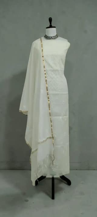 White Chikankari Mul Cotton Dress Material with Hand-Embroidered Dupatta