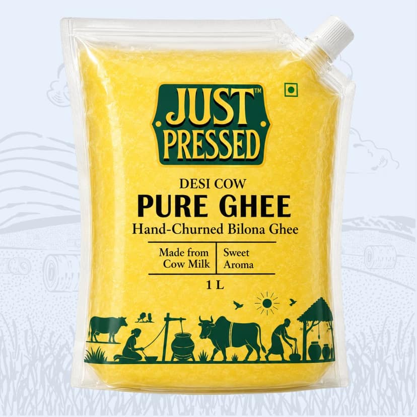 Just Pressed - Pure Cow Ghee - Bilona Chruned - 1 Ltr pouch