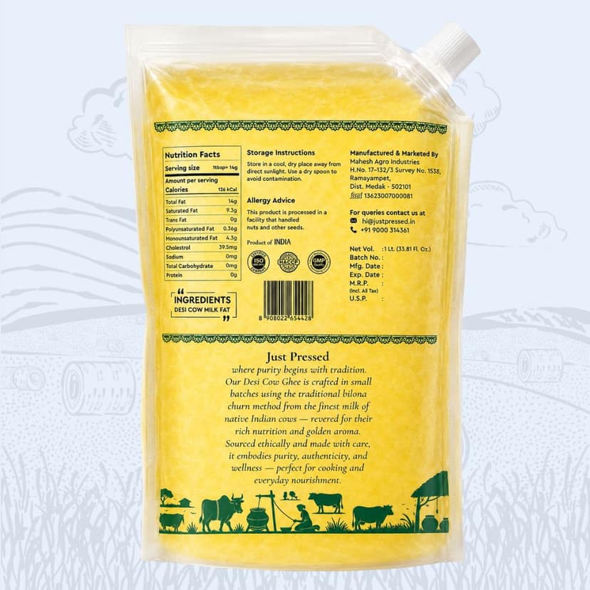 Just Pressed - Pure Cow Ghee - Bilona Chruned - 1 Ltr pouch view 2