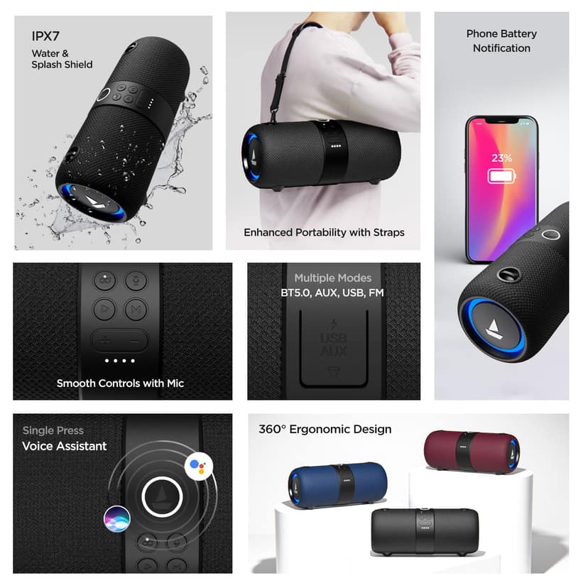 boAt Stone 1200 | 14W Portable Wireless Speaker with RGB LEDs, Up to 9 Hours of Playtime, AUX, USB and FM modes Black view 2
