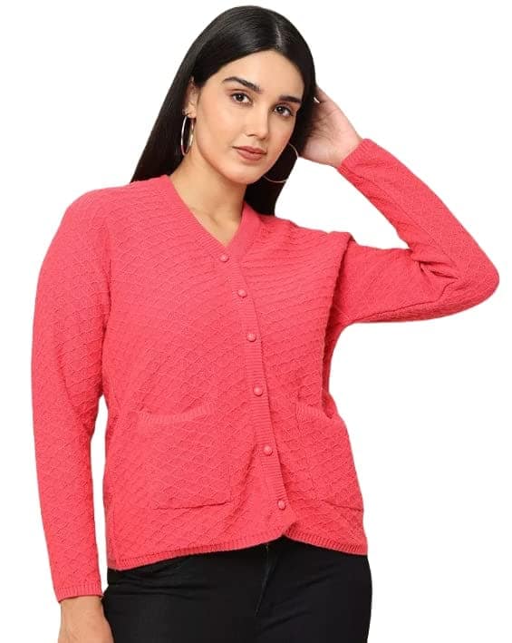 ATTIRIS Women's Polyester Solid Textured V-Neck Full Sleeve Sweater Front Open Cardigan view 2