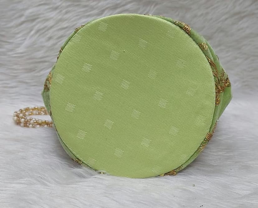 Elegant Light Green Velvet Potli Bag with Zari Embroidery and Pearl Handle view 2