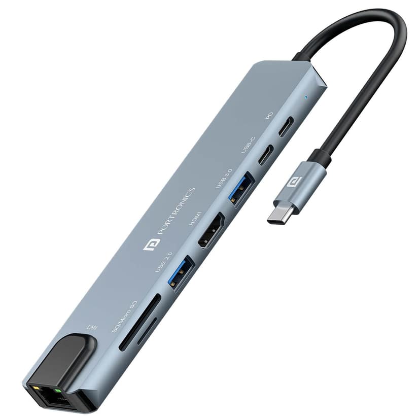 Portronics Mport 8 USB-C USB Hub/Docking Station(8-in-1) with 4K 30Hz HDMI, 100 Mbps Ethernet, USB 3.0, microSD/SD Card Reader, Type-C Data, PD Charging, USB 2.0, Type-C Plug for Laptop, Mac, PC