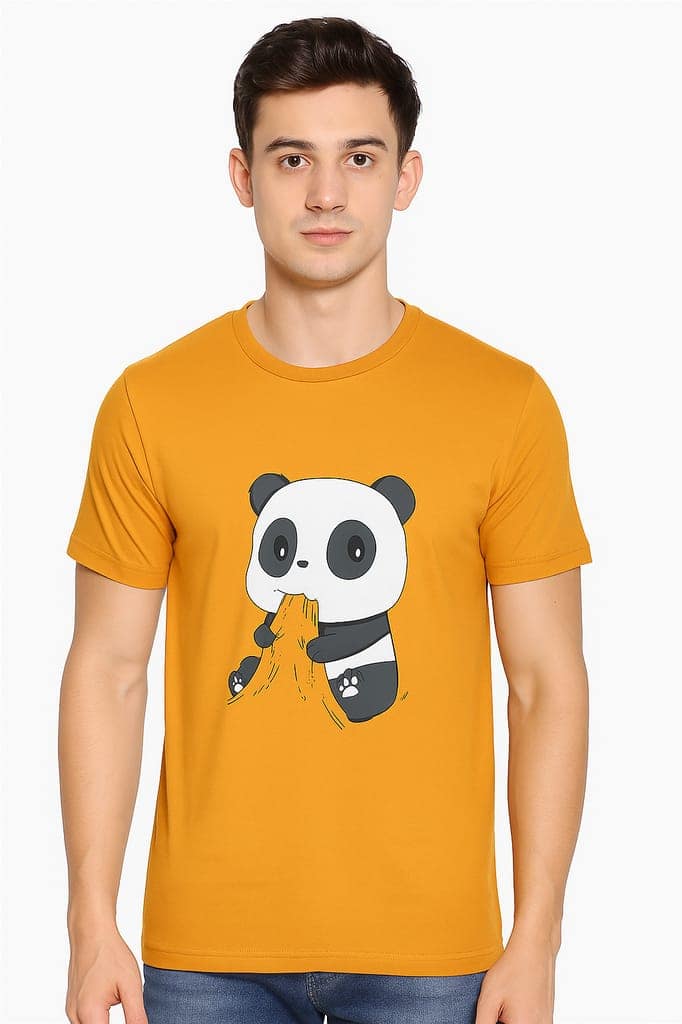 Men's Yellow Cotton T-shirt with Cute Panda Cartoon Print | Half Sleeve Casual Wear Tee view 2