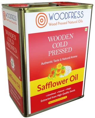 WOODFRESS Cold Pressed Safflower Oil 1 Litre, Freshly Hulled, 5kg Seeds for 1L Pure Wood Pressed Kardi Tel, Lakdi Ghani, for Cooking, Metal Tin 1L