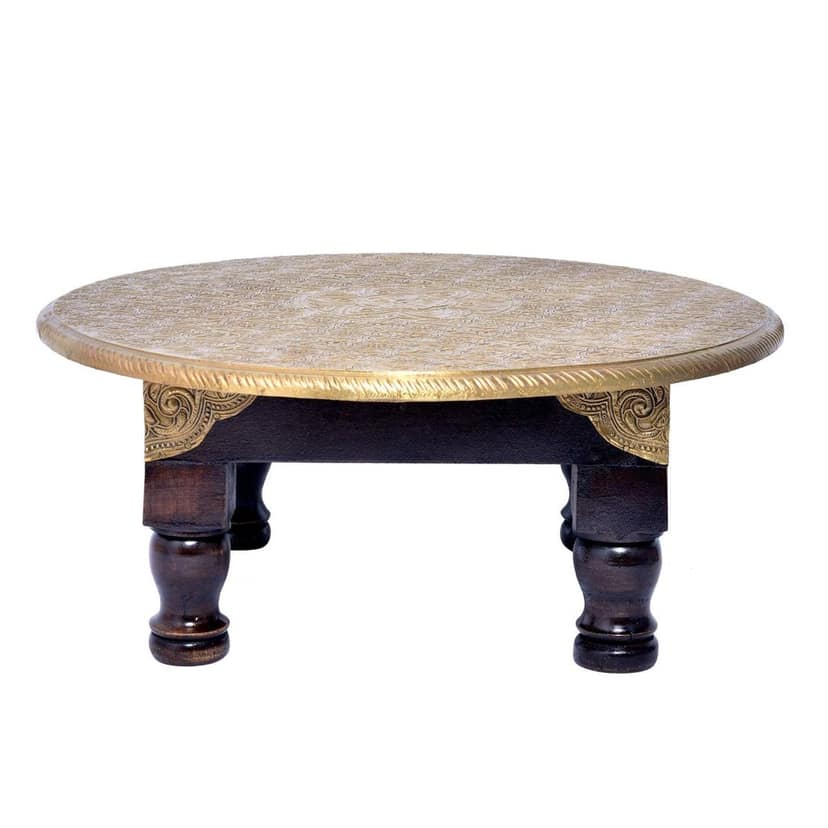 Wood To Cart® Pooja Bajot Stool/Round Pooja Decor/Brass Chowki/Patla/Chowki for Daily Prayer/Sitting Chowki for All Purpose(Round bajot)