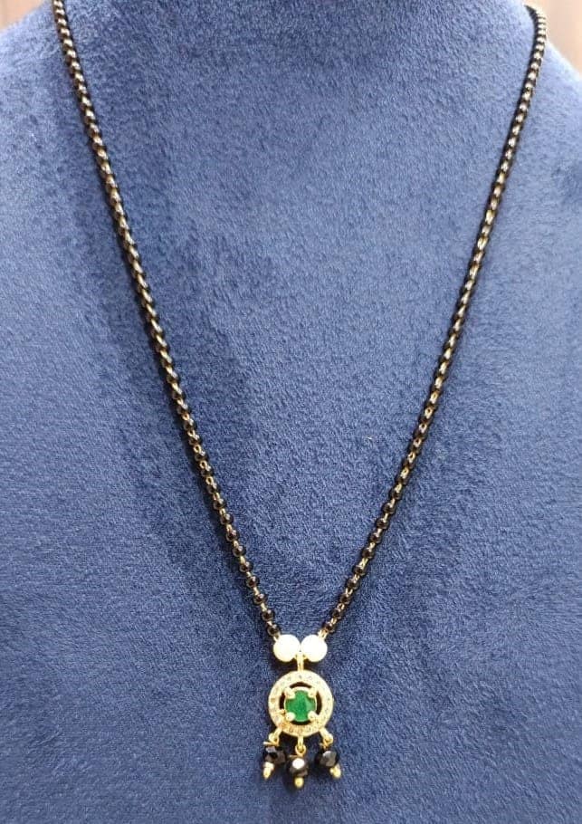 Black Beads Chain Mangalsutra with Green Stone Pendant