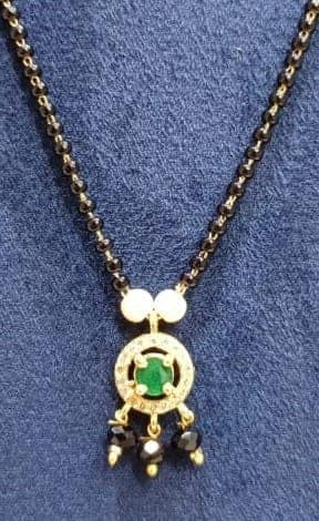 Black Beads Chain Mangalsutra with Green Stone Pendant view 2