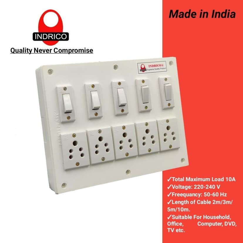 INDRICO? Electric Switch Board for Home 5 Sockets with 5 switches Heavy Wire Extension Board (White) view 2