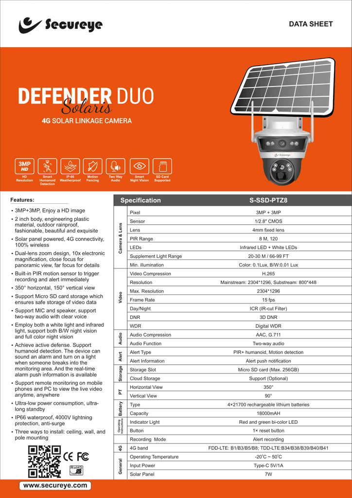 Secureye Defender Duo Solaris S-SSD-PTZ8 | 4G Solar PTZ Camera | 3MP+3MP Dual Lens | IP66 Weatherproof (Brand Warranty) view 2