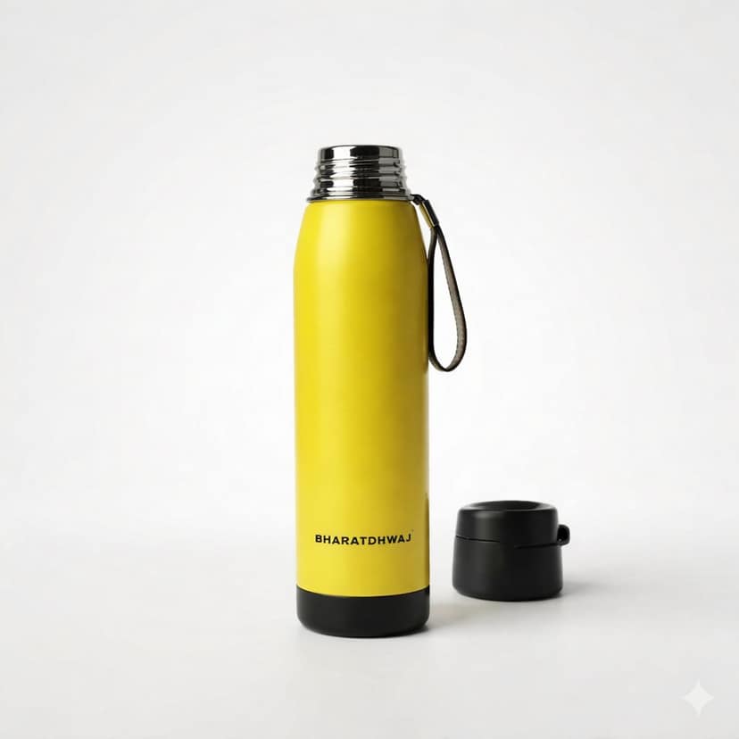 BHARATDHWAJ XON 700ml Premium PU Coated Stainless Steel Water Bottle | Insulated Hot & Cold Flask | Leakproof Travel Bottle with Strap | Matte Yellow Finish view 2