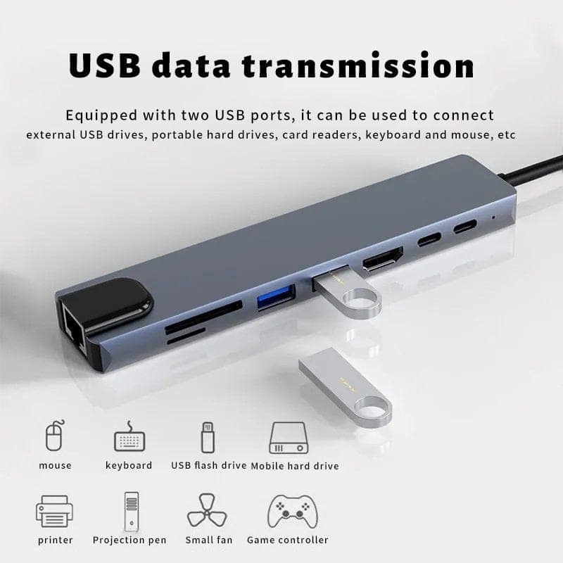 AUSHA 8-in-1 USB-C Hub Adapter 4K HDMI, 100W PD, Ethernet & SD/TF Card Reader – Multiport USB C Extension Dock for MacBook, Laptop, iPad, Surface view 2