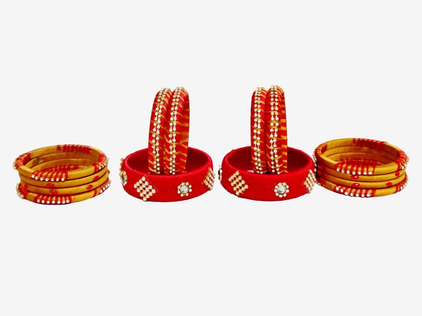 BENIWAL COLLECTION Handmade Kundan Silk Thread Bangles Set ,Party and Casual Wear for Women Red & Golden (Set of 14) view 2