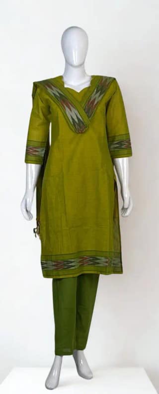 Ikat Trim Cotton Kurti Set Mehendi Green 3 Piece