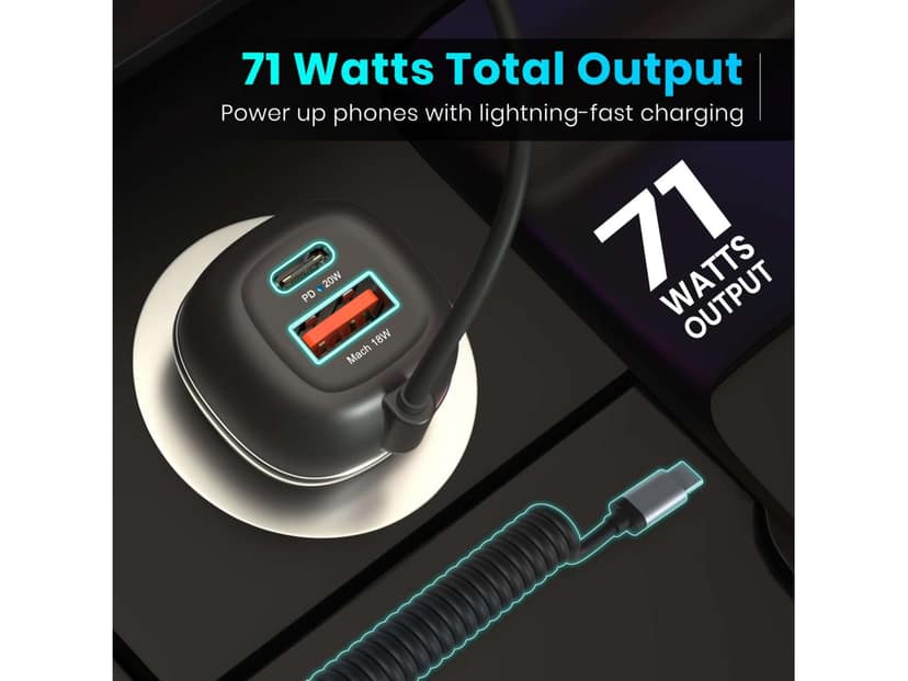 Portronics Car Power 1C Triple Output Fast Car Charger 71W with 33W Type-C Cable, 20W Type-C PD, 18W USB Port, iPhone & Android Smartphone Compatible view 2