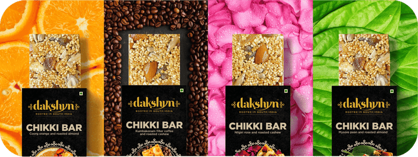 Dakshyn Chikki Bar Combo Box- Filter Coffee Cashew (35g x 3), Orange Almond (35g x 3), Paan Almond (35g x 3), Rose Cashew (35g x 3) view 2