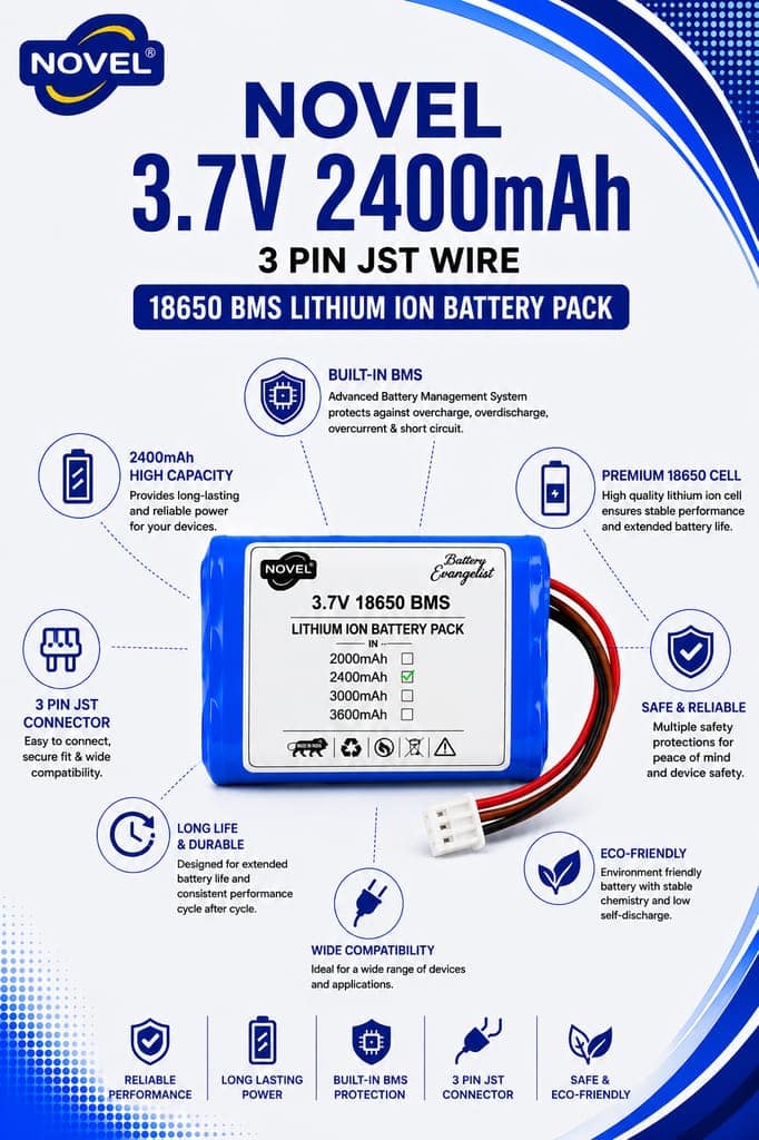 NOVEL 3.7V BMS 18650 LITHIUM ION DUAL BATTERY PACK WITH JST 3PIN- 2400mAh view 2
