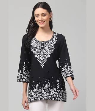 Aura Glam Women Rayon Embroidered A-line Kurti ( White )