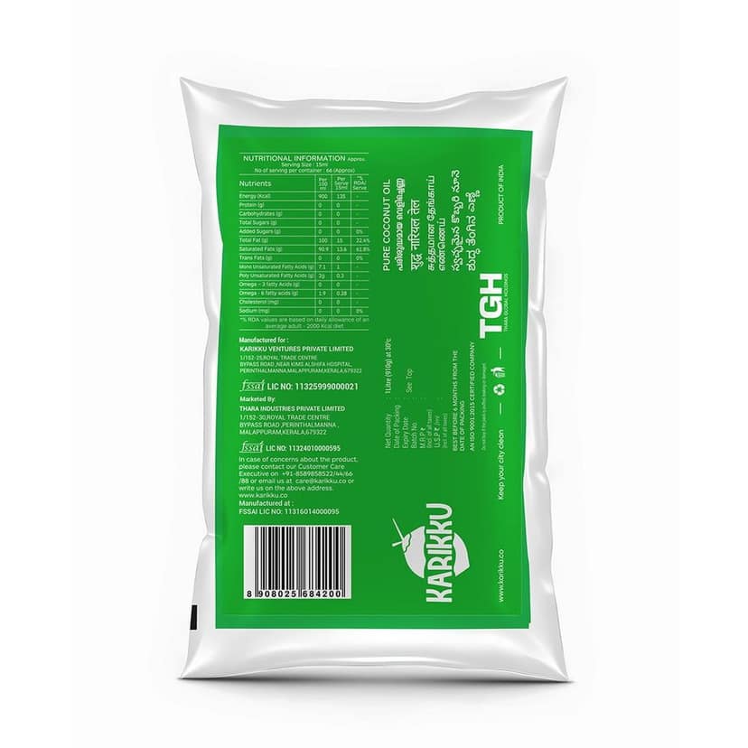 KARIKKU 100% Pure And Natural Coconut Oil |Healthy Cooking Oil for the Heart|Premium Edible Coconut Oil For Cooking, Pouch 1 Litre view 2