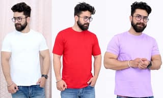 Tru Threads Solid Premium T-Shirt 3 Pcs Combo - White, Red, Lavender (Size-L)