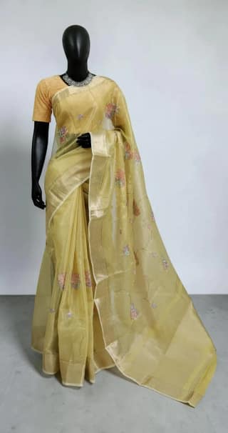 Golden Beige Kota Doria Saree with Block-Print Florals and Zari Border