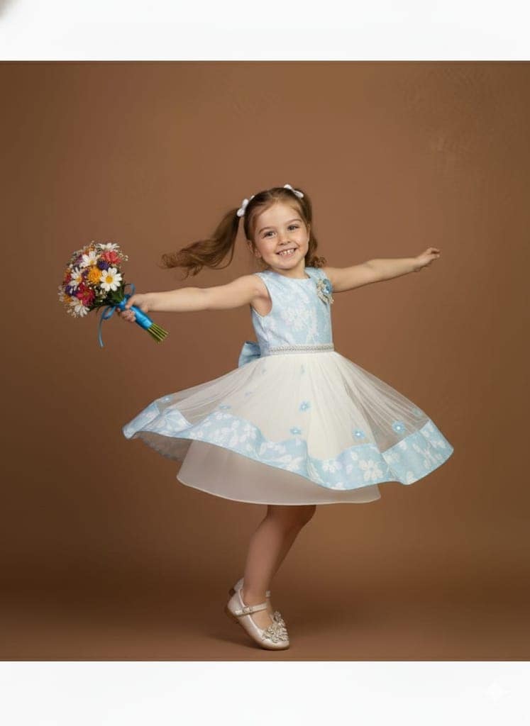 Light Blue & White Floral Net Kids Frock Dress view 2