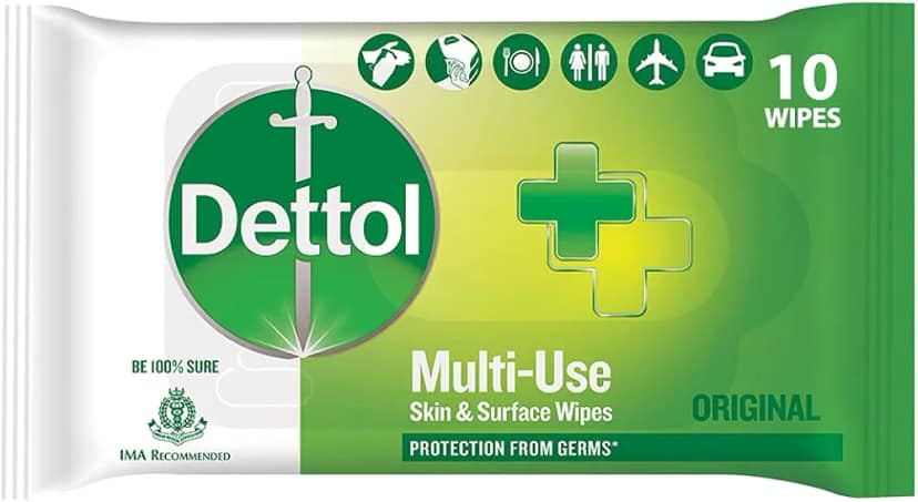 Dettol Disinfectant Sanitizer Wet Wipes - For Skin & Surfaces - Original, Multi-Use, 10 pcs