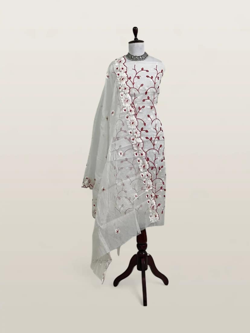 Kota Doria Dress Material Crimson Red Floral Vine
