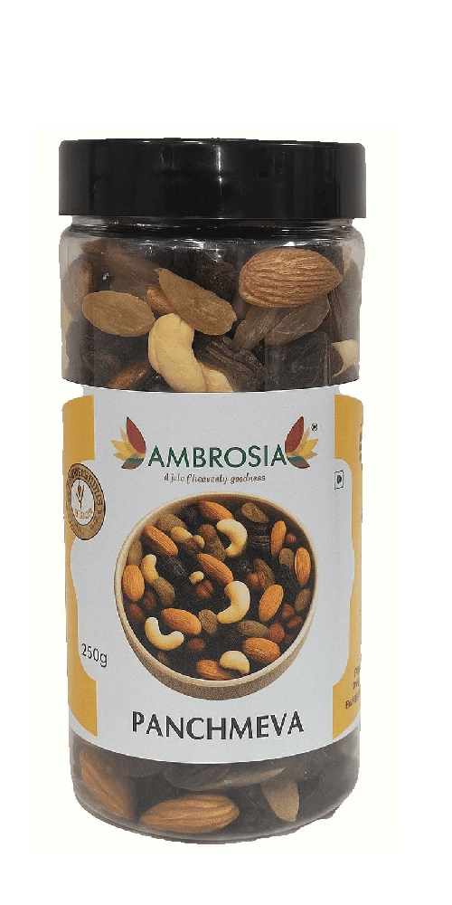Ambrosia Panchmeva Dry Fruits Mix, 250g I Fit for Fasting | Healthy Snacks Mixed Nuts Contains Almonds, Cashews, Dates, Black Raisin, Green Raisin
