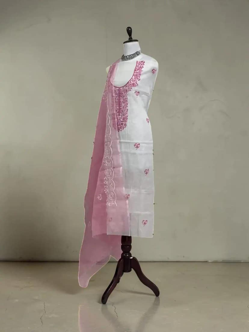 Handwoven Kota Doria Dress Material with Hand Embroidery, Magenta Pink view 2