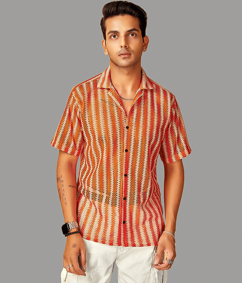 HARPITA Cotton Blend Oversized Fit Striped Half Sleeves Men's Casual Shirt - Orange ( Pack of 1 )