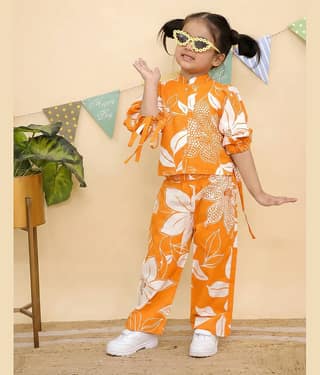 Aarya Designer Pack of 1 Girls Cotton Blend Shirt & Pant ( Orange )