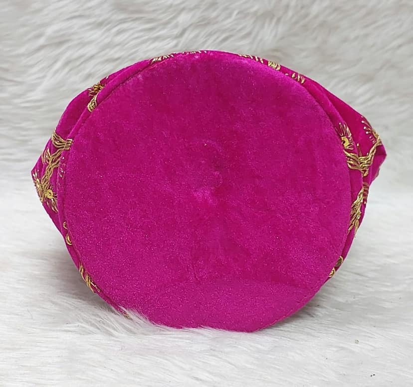 Fuchsia Velvet Embroidered Potli Bag with Pearl Handle view 2