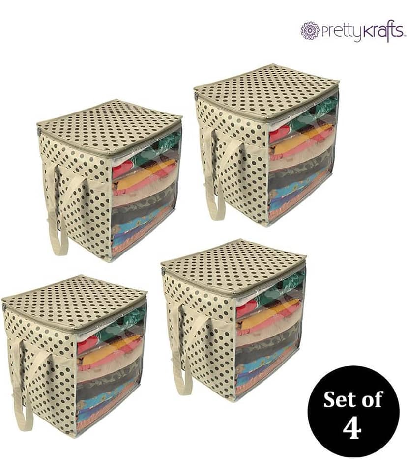 PrettyKrafts Non Woven with Plastic Saree Cover Organizer with Handles and Transparent front (Ivory Dots, XL/15 x 12 x 15 Inches) - Pack of 4 view 2